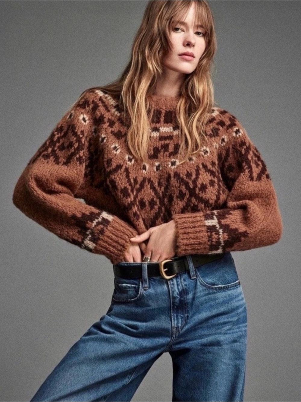FRAME •Camel Brown Fair Isle Crewneck Sweater XS fluffy warm revolve